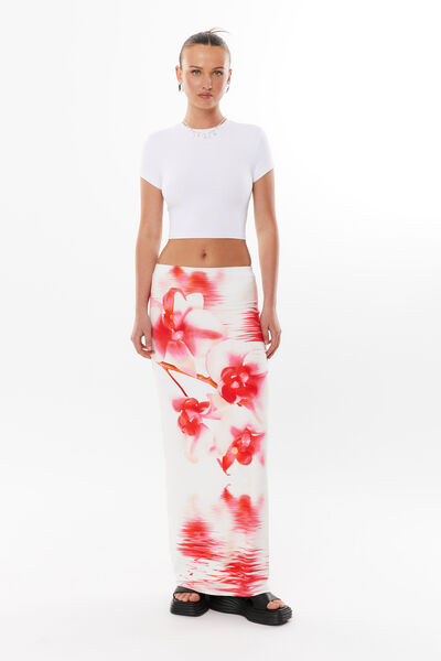 By Poppy Luxe Hipster Maxi Skirt, WHITE/ORCHID BLUR