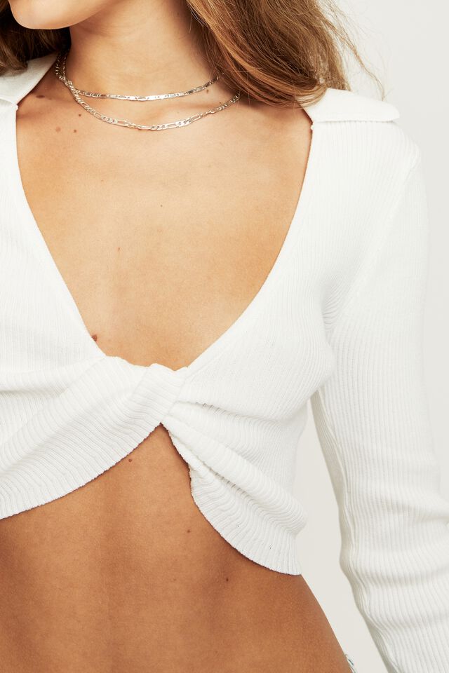Davina Long Sleeve Twist Knit Shirt Top, WHITE