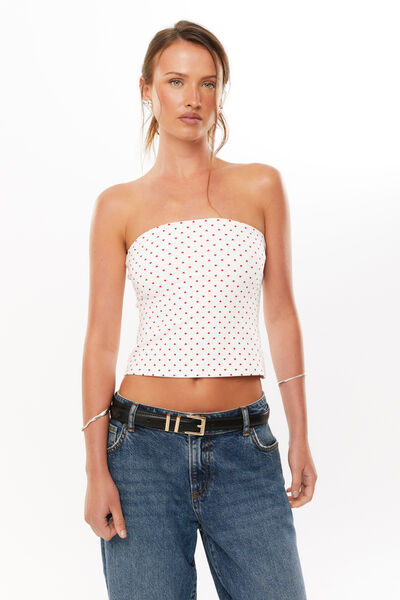 Cotton Longline Tube Top, MICRO HEART WHITE RED