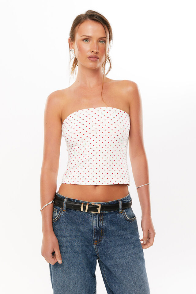 Cotton Longline Tube Top, MICRO HEART WHITE RED
