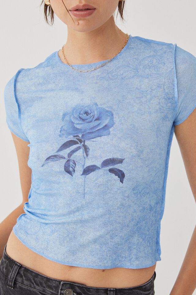 Raw Mesh Graphic T Shirt, BLUE/ROSE