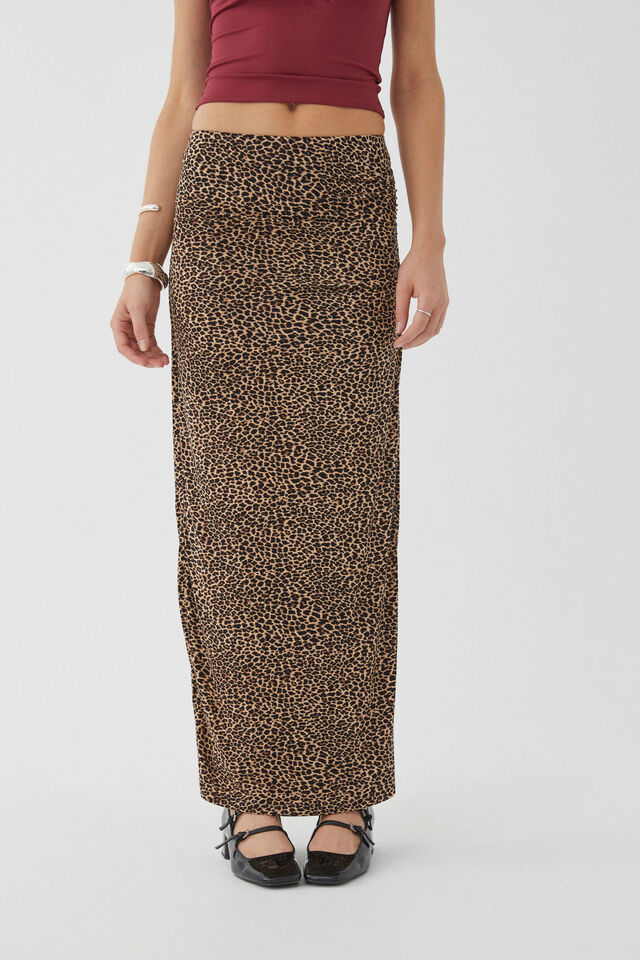 Soft Ruched Split Maxi Skirt, NINA LEOPARD BROWN