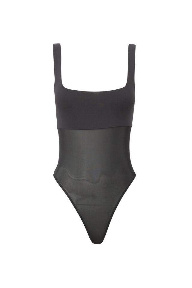 Sheer Luxe Square Neck Bodysuit, BLACK