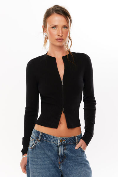 Shelby Zip Through Crew Neck Jumper, BLACK