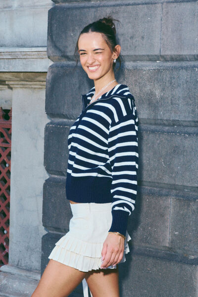 Jacqui Quarter Zip Knit Jumper, MERINGUE WHITE/NAVY LEAGUE