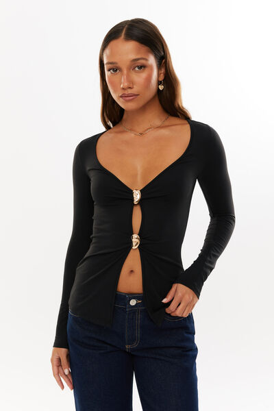 Super Smooth Celine Long Sleeve Top, BLACK