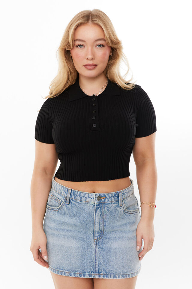 Shani Short Sleeve Knit Polo, BLACK