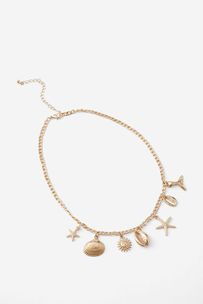 Charm Necklace, GOLD/SEASHELL MIXED CHARMS