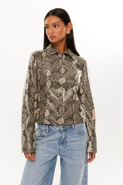 Gracie Collared Faux Leather Jacket, SNAKE