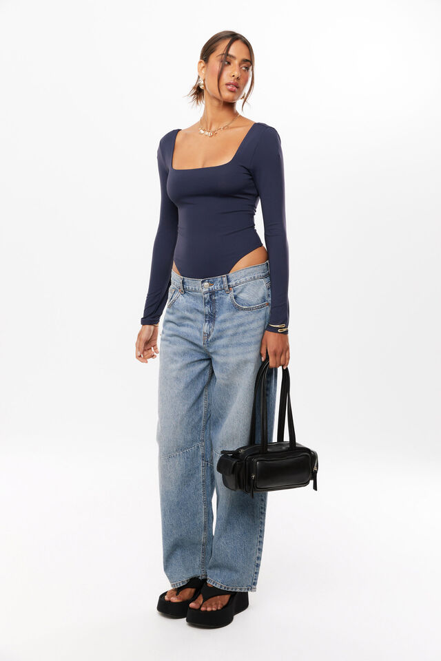 Luxe Square Neck Long Sleeve Bodysuit, NAVY LEAGUE