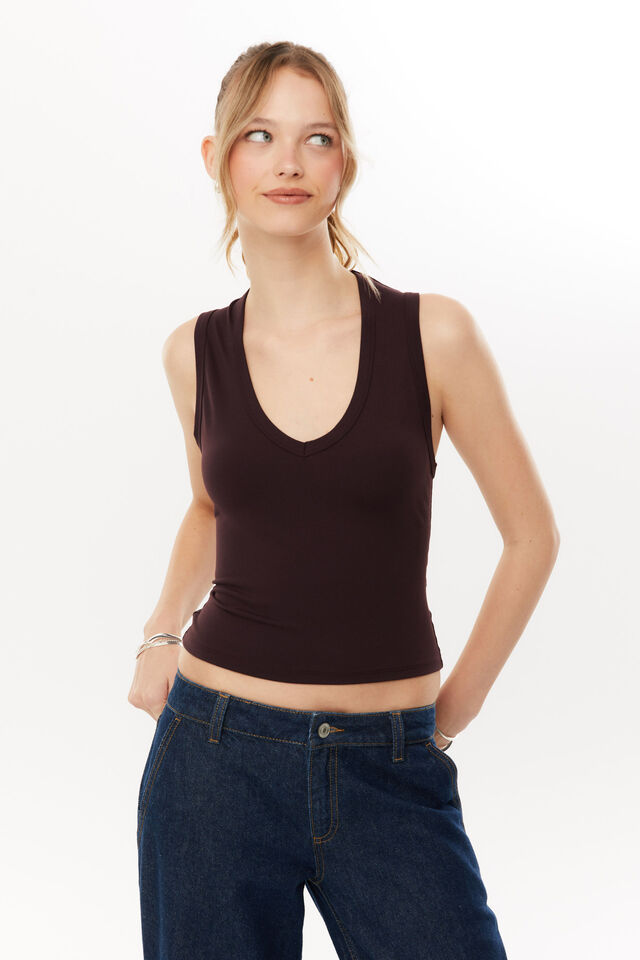 Belle V Neck Tank, BROWN BERRY