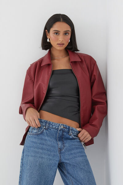 Faux Leather Collared Bomber Jacket, CHERRY RED