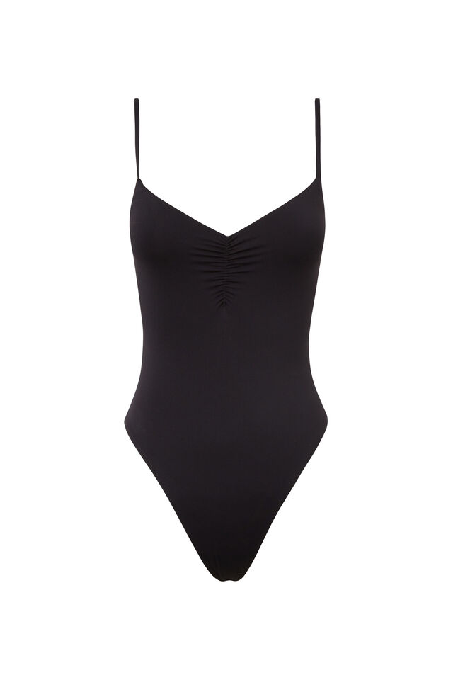 Light Luxe Ruched Strappy Bodysuit, BLACK