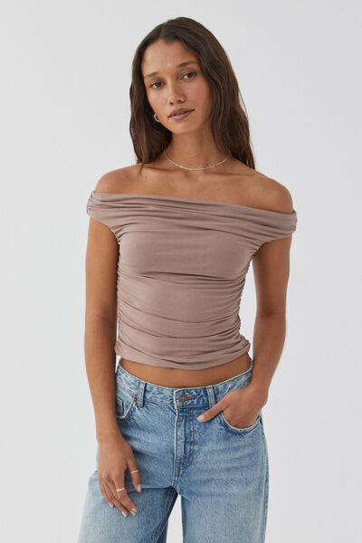 Soft Ruched Off The Shoulder Top, TOFFEE TAUPE