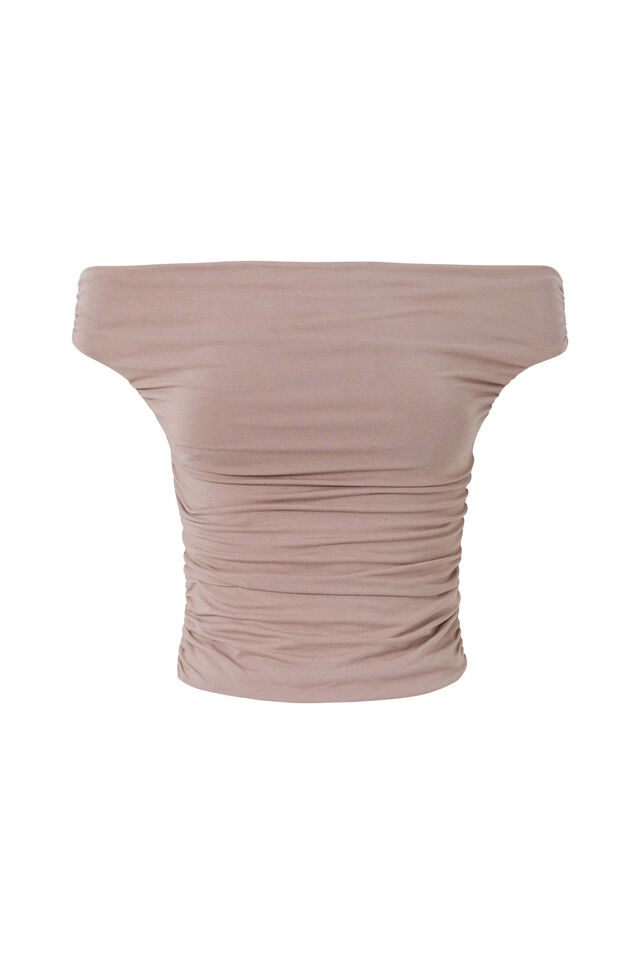 Soft Ruched Off The Shoulder Top, TOFFEE TAUPE