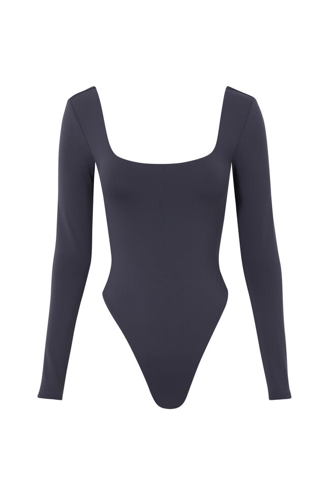 Luxe Square Neck Long Sleeve Bodysuit, GUNMETAL