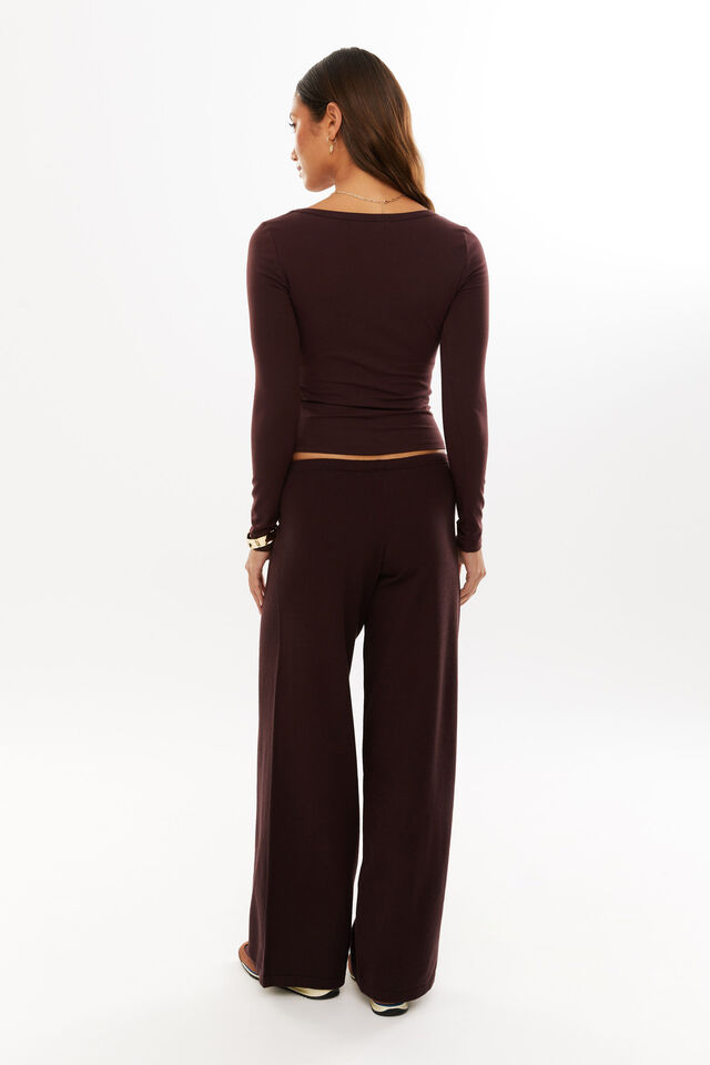 Vivian V Neck Long Sleeve Top, CHOC CHERRY