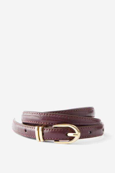 Lena Thin Faux Croc Belt, DARK PLUM/GOLD