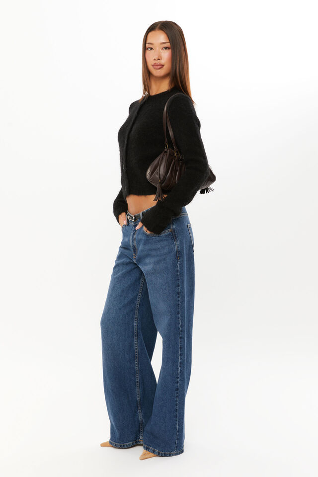 Phoebe Fluffy Knit Cardigan, BLACK