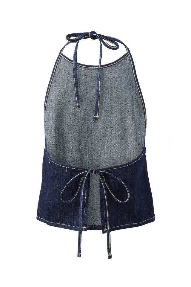 Denim Open Back Halter Top, INDIGO