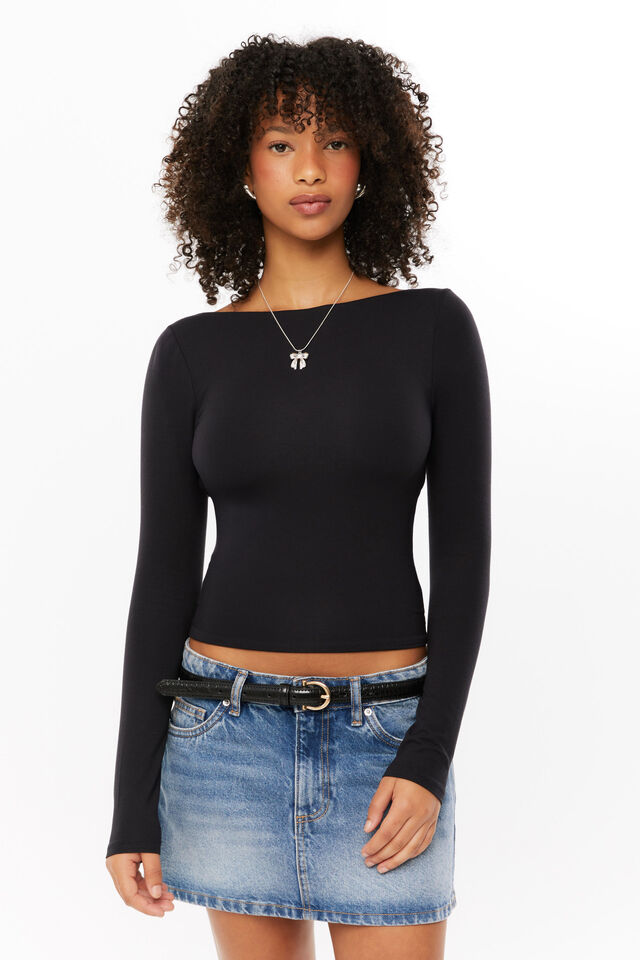 Ivy Backless Long Sleeve Top, BLACK