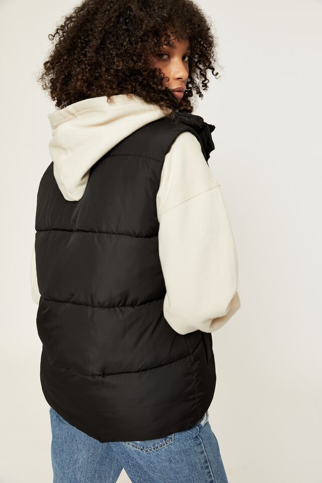 Recycled Longline Puffer Vest, BLACK
