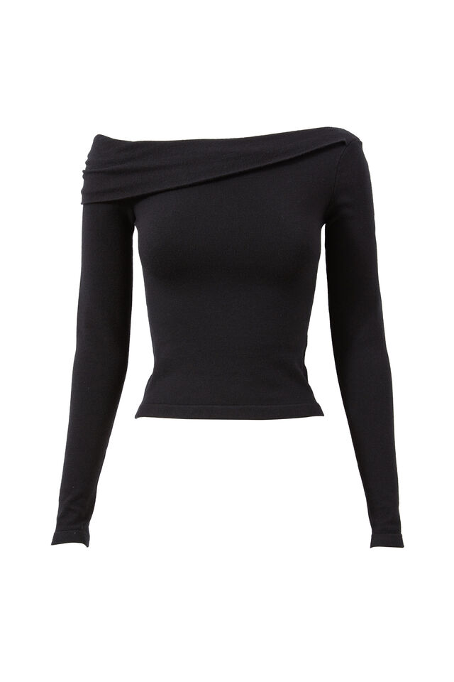 Immy Fold Back Knit Top, BLACK