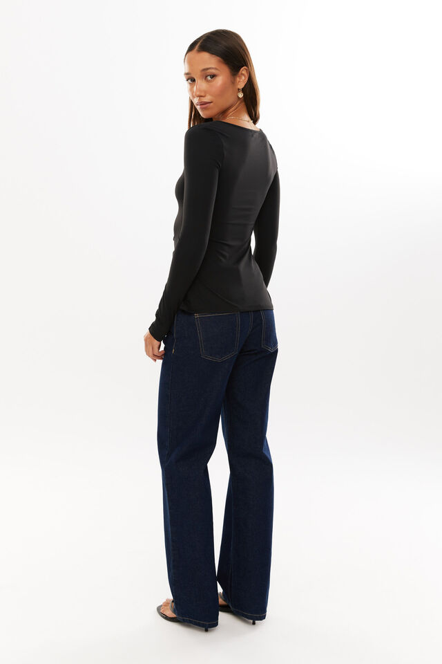 Super Smooth Celine Long Sleeve Top, BLACK