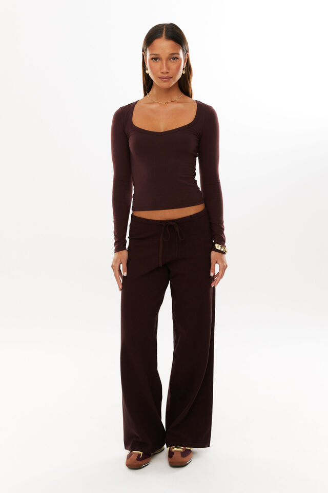 Vivian V Neck Long Sleeve Top, CHOC CHERRY