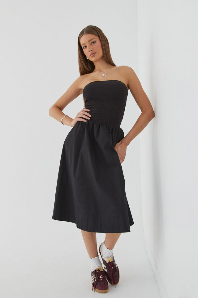 Eva Strapless Midi Dress, BLACK