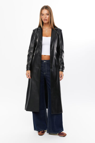 Penelope Faux Leather Trench Coat, BLACK