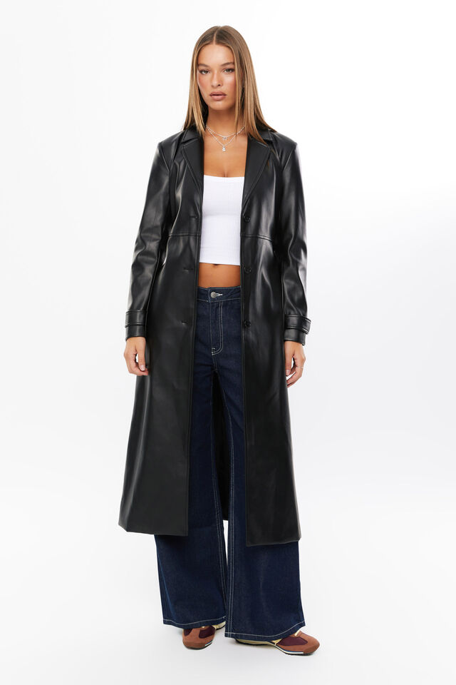 Penelope Faux Leather Trench Coat, BLACK
