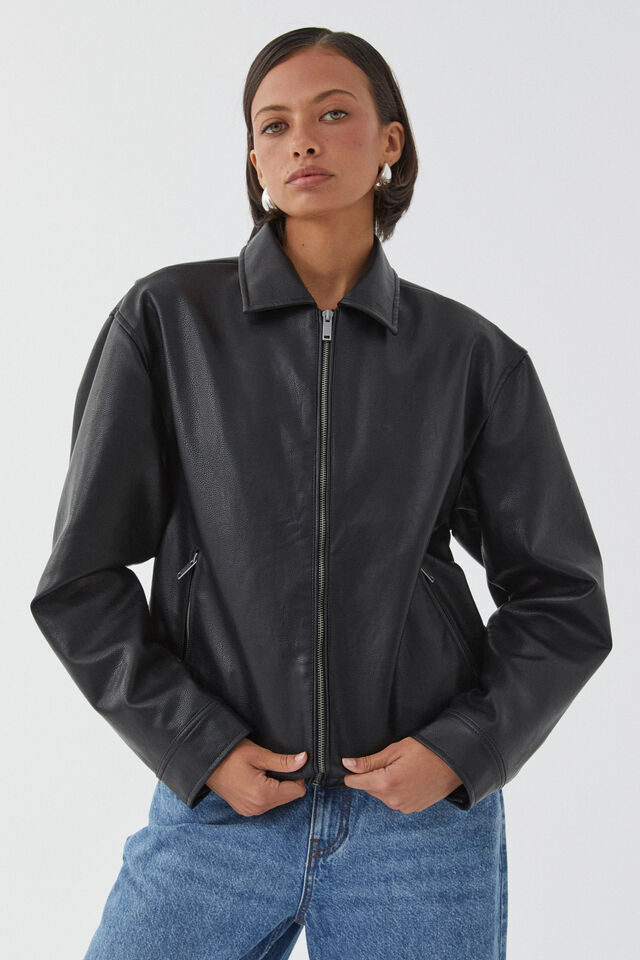 Faux Leather Collared Bomber Jacket, BLACK