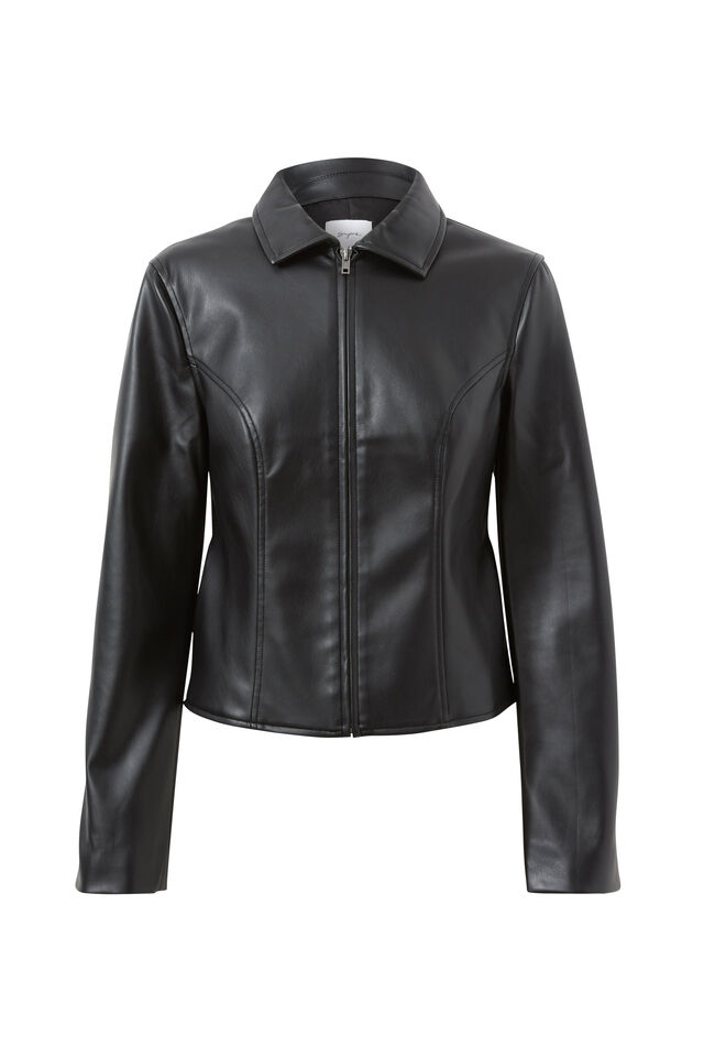 Gracie Collared Faux Leather Jacket, BLACK
