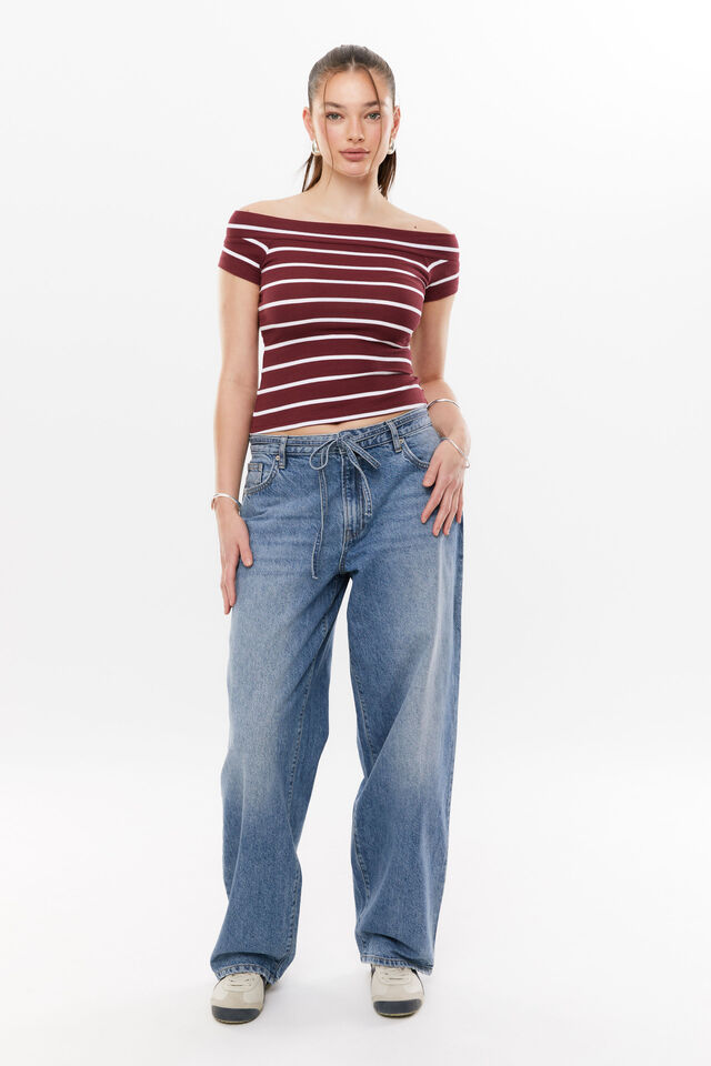 Bianca Off Shoulder Top, DARK PLUM/WHITE STRIPE