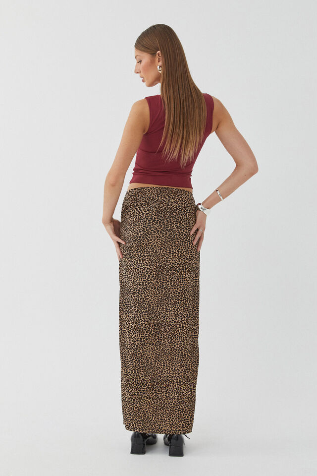 Soft Ruched Split Maxi Skirt, NINA LEOPARD BROWN