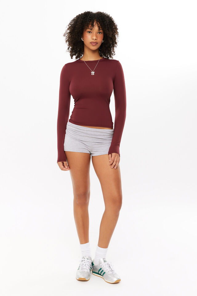 Luxe Long Sleeve Longline Tee, DARK PLUM