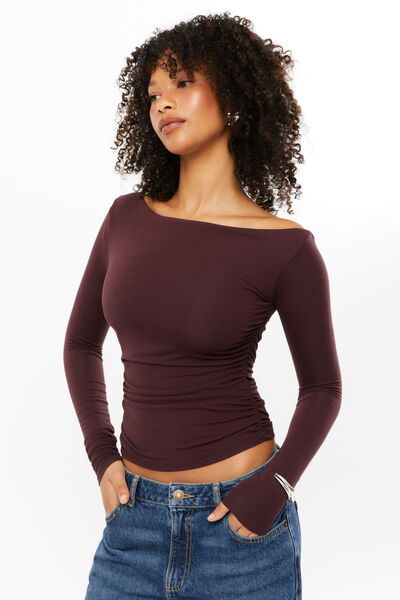 Soft Long Sleeve Off Shoulder Top, CHOC CHERRY