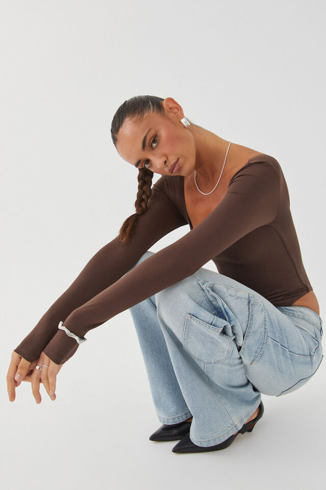 Luxe Square Neck Long Sleeve Bodysuit, ESPRESSO BROWN