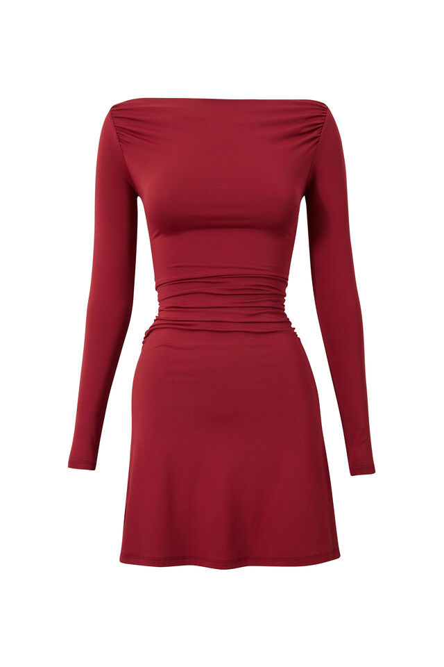 Catie Long Sleeve Ruched Mini Dress, DEEP CHERRY