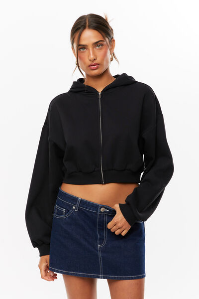 Jolie Cropped Zip Through Hoodie, BLACK