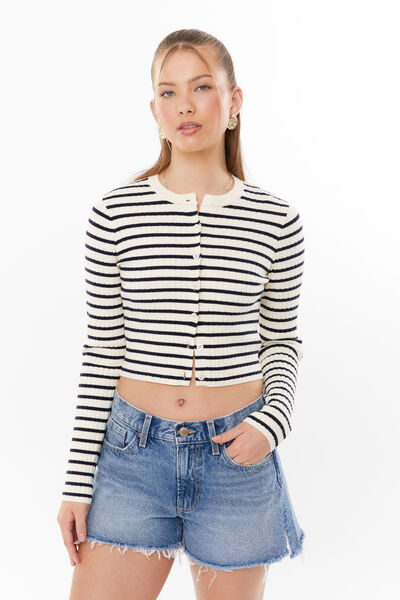 Kendal Cropped Knit Cardigan, VANILLA BEAN/VARSITY NAVY STRIPE