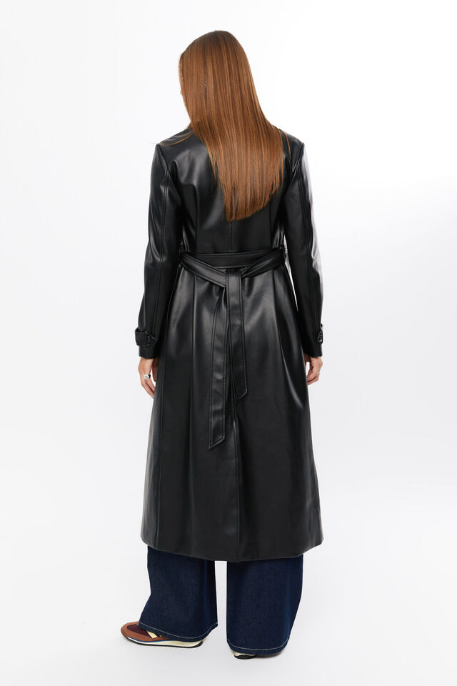 Penelope Faux Leather Trench Coat, BLACK