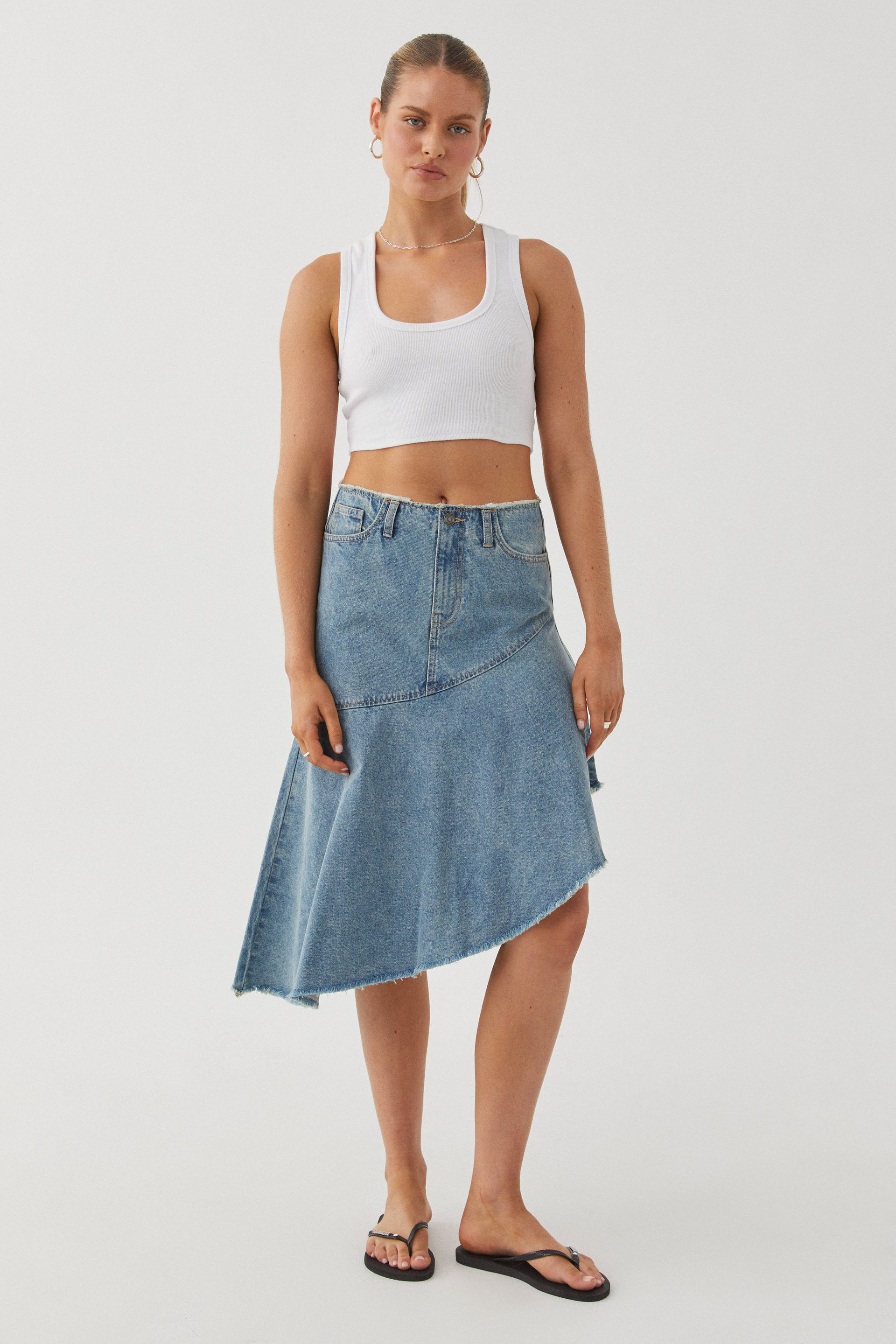 Asymmetrical Denim Midi Skirt