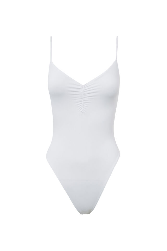 Light Luxe Ruched Strappy Bodysuit, WHITE