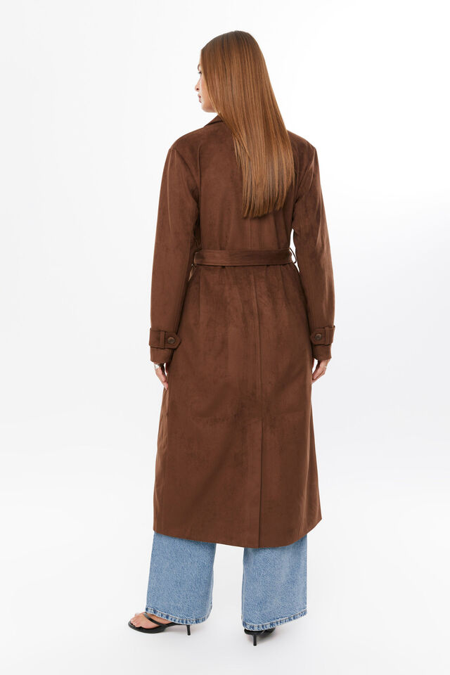 Sarah Faux Suede Trench Coat, MOCHA BROWN