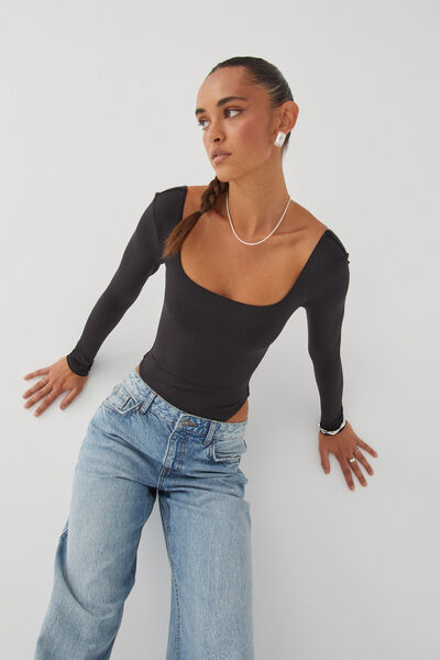 Luxe Square Neck Long Sleeve Bodysuit, BLACK