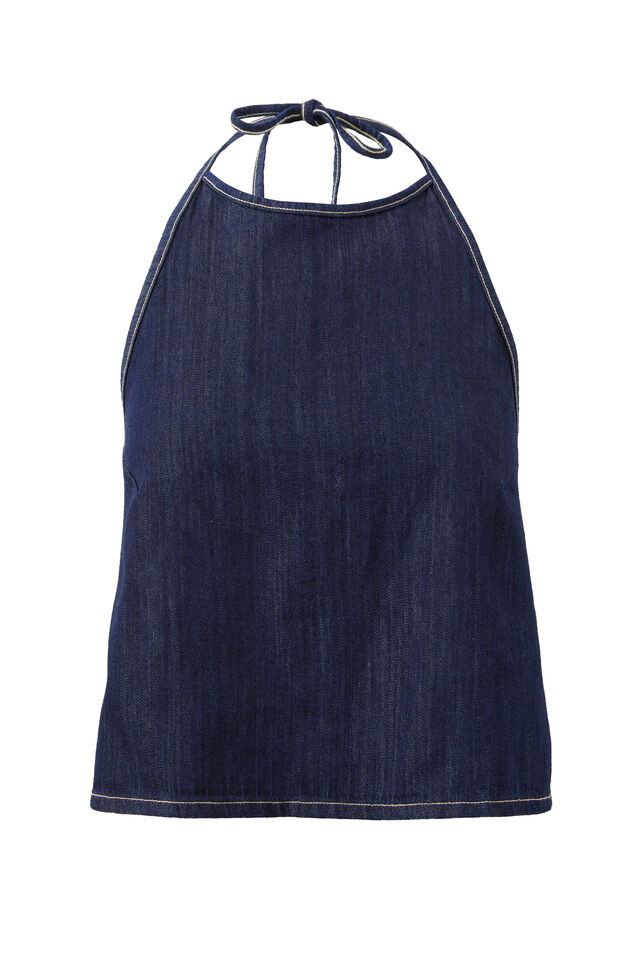 Denim Open Back Halter Top, INDIGO