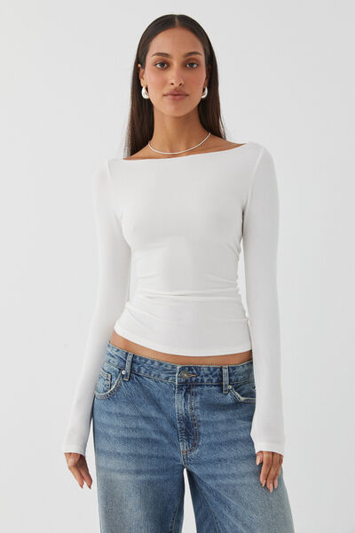 Soft Boat Neck Long Sleeve Top, SUMMER WHITE