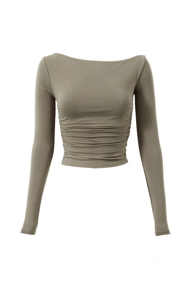 Soft Long Sleeve Off Shoulder Top, OLIVE GREEN